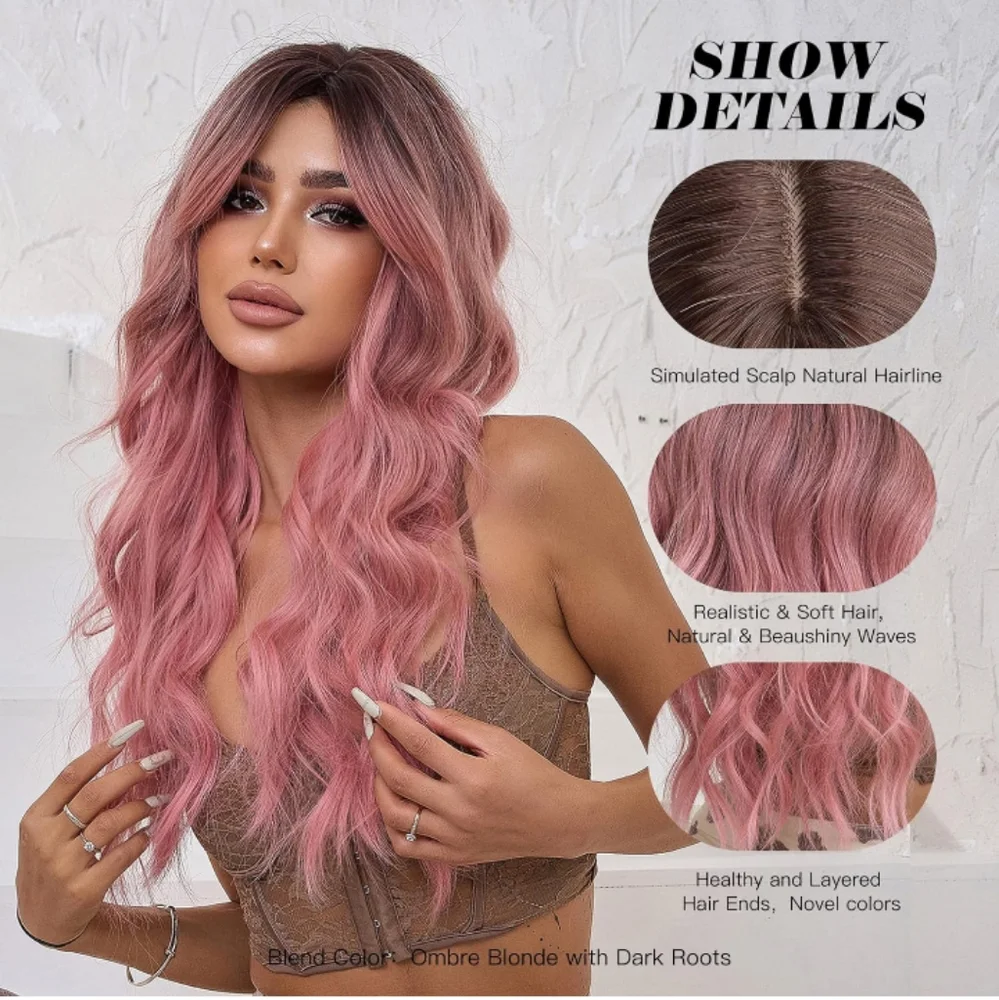Pink Middle Part Hair | 26 Inch Ombre Pink To Pink Wavy Middle Part Synthetic Hair Wig ...